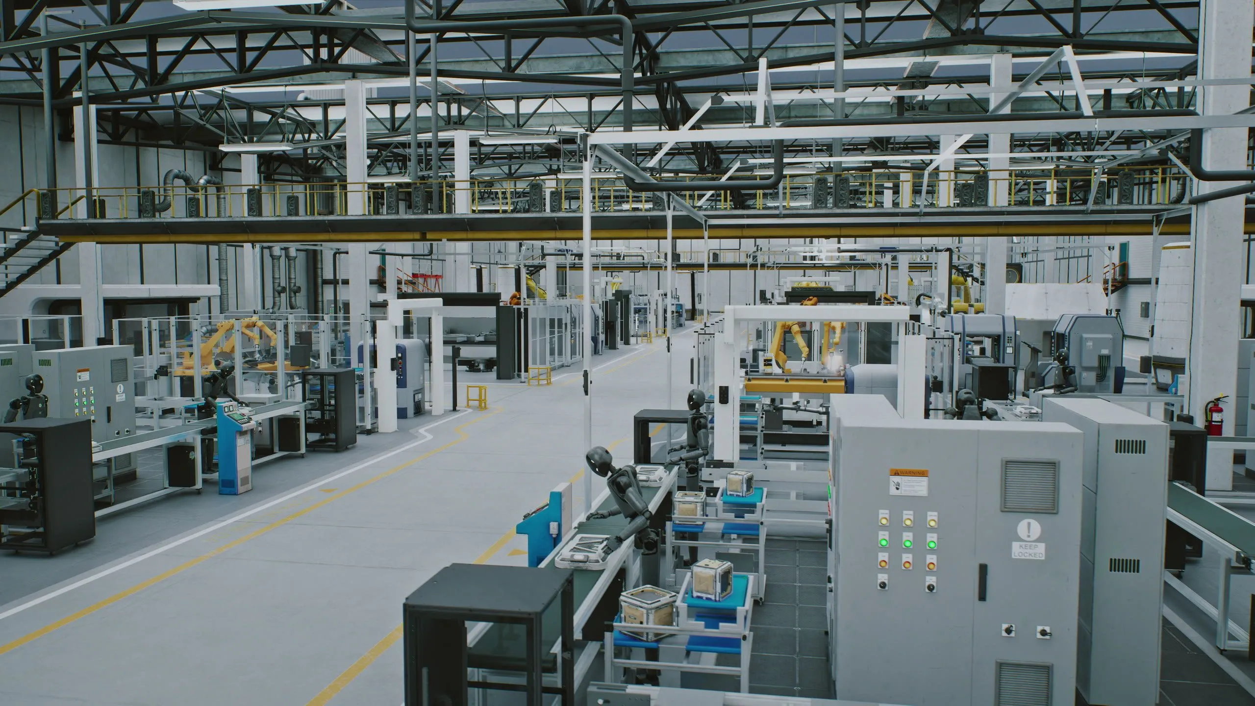 Robot kollarının çalıştığı otomatik bir fabrika zemininin yukarıdan görünümü